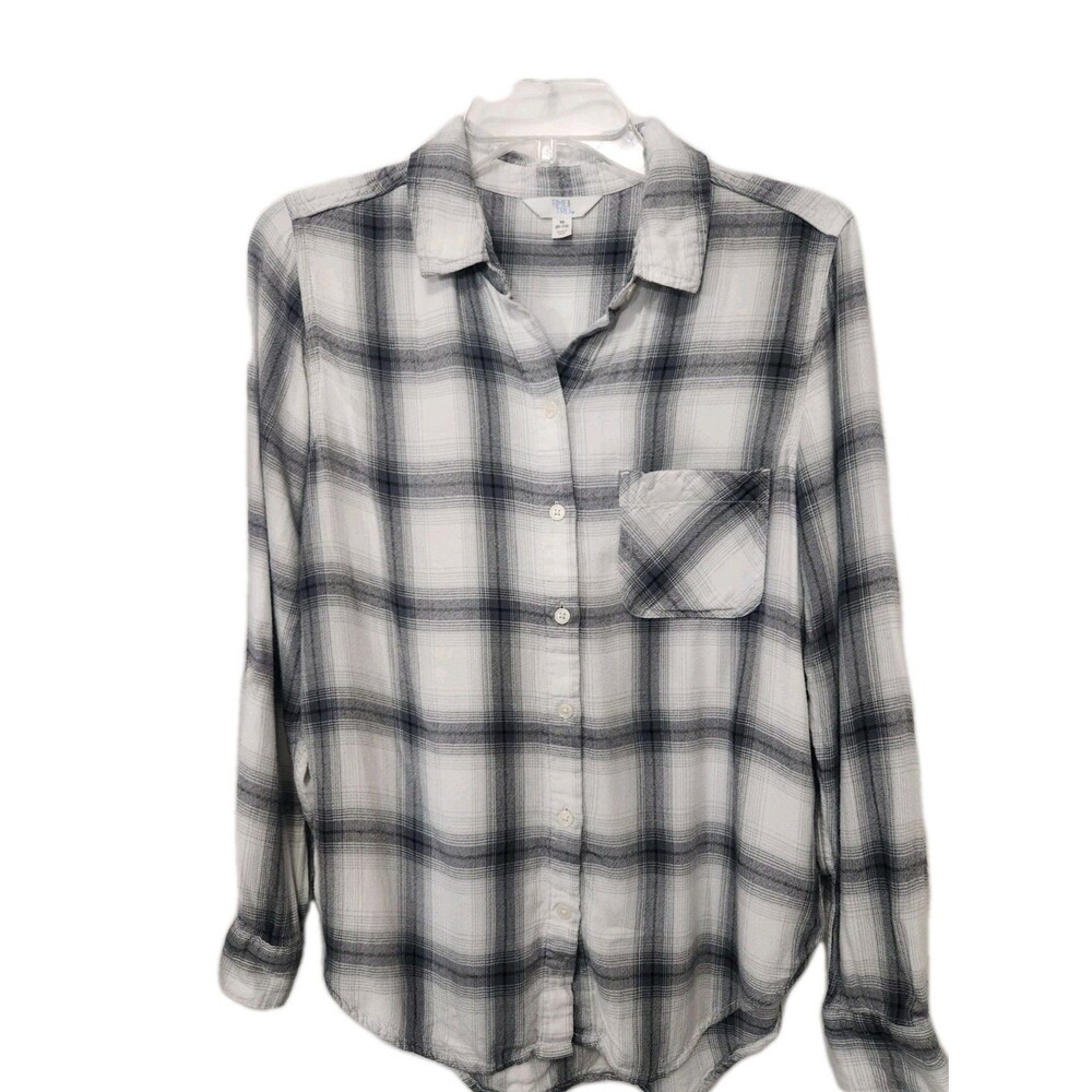 Time And Tru Womens Gray Plaid Flannel Shirt Top Button Front Long Tab Sleeve